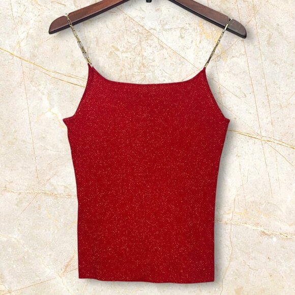 Vtg Silk Blend Michelle Antonelli Red Glittery Metallic Tank Top Chain Straps - Picture 2 of 7